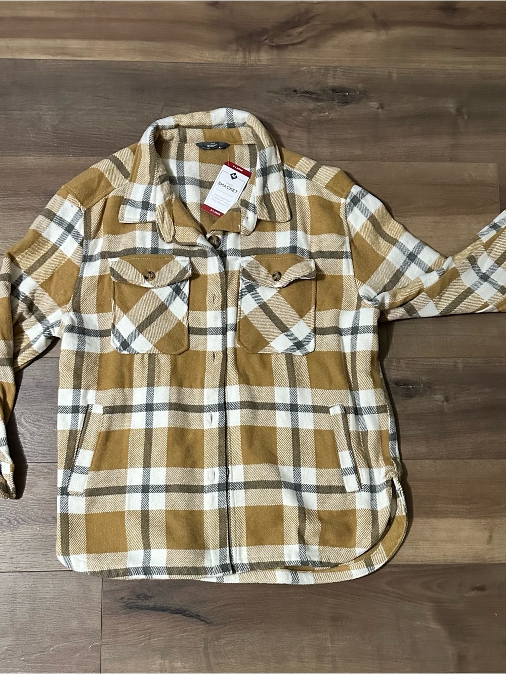 Plaid Shacket Jacket in Mustard White - Women great for fall weather!